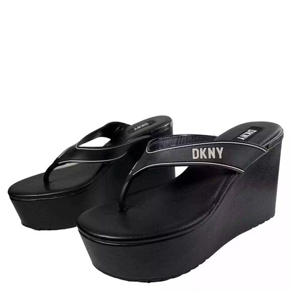 DKNY Women's Platform Comfort Logo Trina Round Toe Wedge Slip on, Black Size 6M - Picture 2 of 4